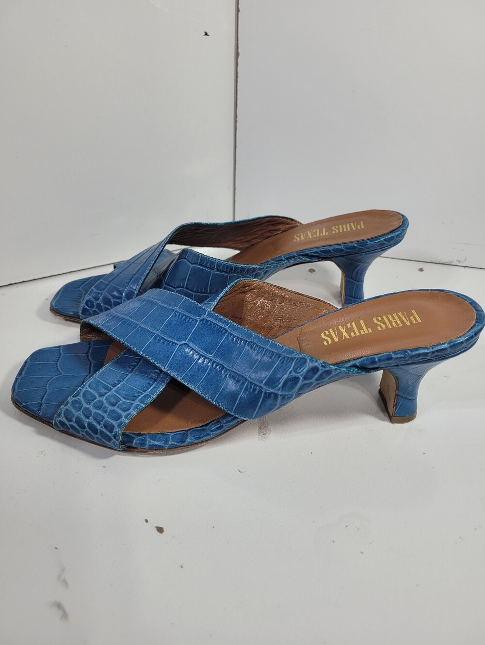 Paris Texas Croc Embossed Leather Crisscross Mule Sandal Blue Heeled Size 40.5